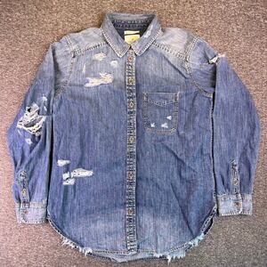 American Eagle Denim Shirt Womens XS Oversized‎ Fit Distressed Long Sleeve Top